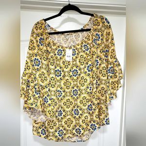 Cato (NWT) Blue & Yellow On/Off Shoulder Boho Medallion Print Top Size XL